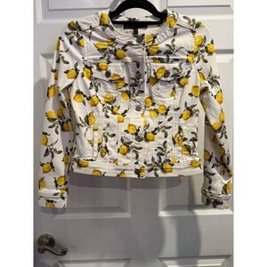 White House Black Market Denim Jacket Women Petite XS P Lemon Print Button Front